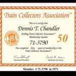 DENNIS CHANDLER TRAIN COLLECTORS ASSOCIATION OF AMERICA MEMBER # 71-3790 IN 1971