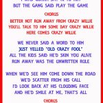 DENNIS CHANDLER PHIL SMOLUK CRAZY WILLIE LYRIC SHEET